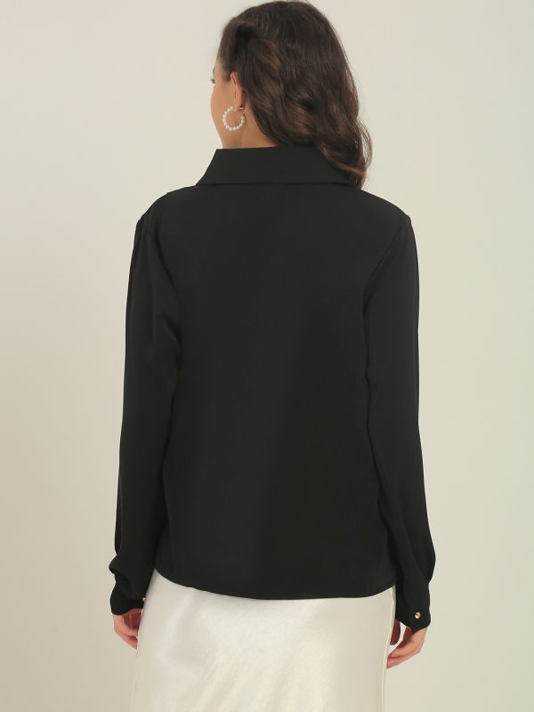Globus Women Black Collared Neck Cuffed Sleeves Pearl Details Party Shirt Style Top