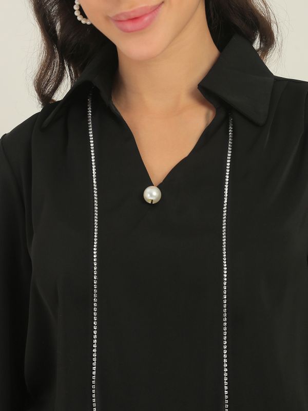 Globus Women Black Collared Neck Cuffed Sleeves Pearl Details Party Shirt Style Top