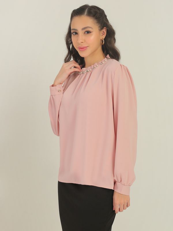 Globus Women Pink Cuffed Sleeves Ruffle Round Neck Peral Detailing Party Top