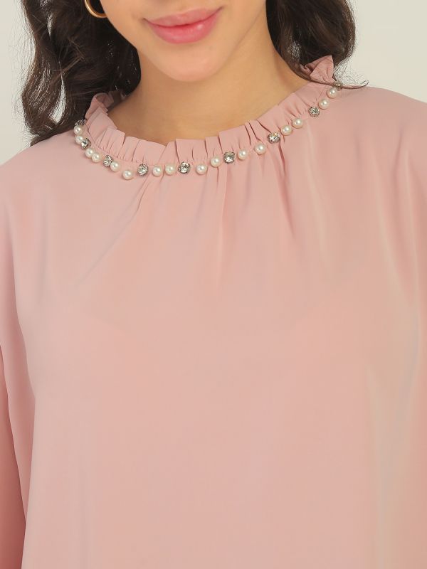 Globus Women Pink Cuffed Sleeves Ruffle Round Neck Peral Detailing Party Top