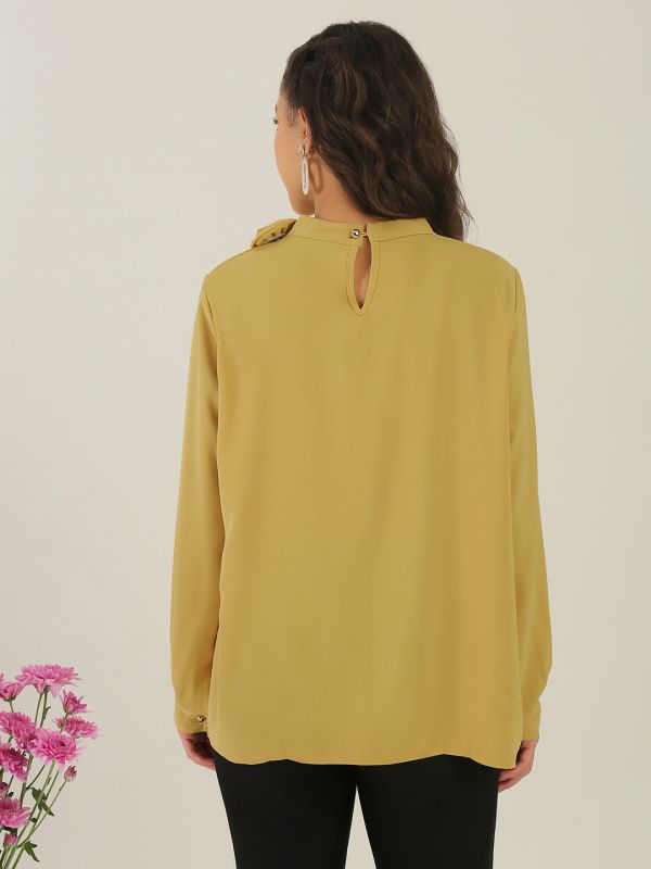 Globus Women Yellow Cuffed Sleeves Round Neck Pearl Chain Detail Floral Applique Pleated Party Top