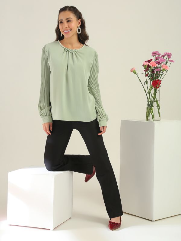 Globus Women Green Round Neck Pearl & Embellished Detail Accordion Pleated Cuffed Sleeves Party Top