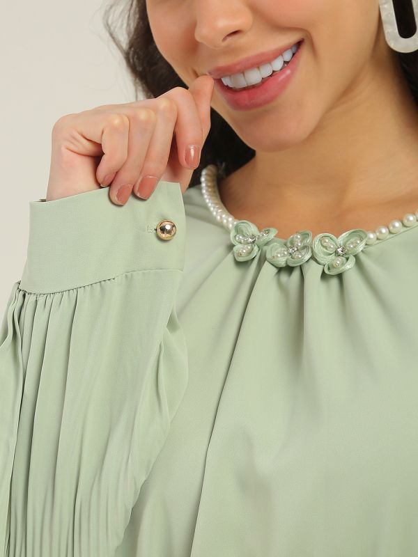 Globus Women Green Round Neck Pearl & Embellished Detail Accordion Pleated Cuffed Sleeves Party Top