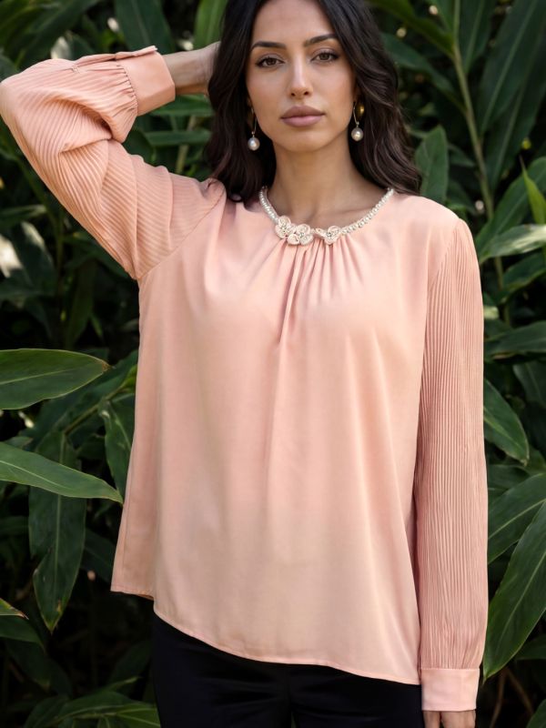 Globus Women Pink Round Neck Pearl & Embellished Detail Accordion Pleated Cuffed Sleeves Party Top
