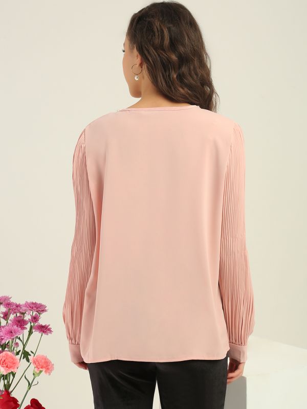 Globus Women Pink Round Neck Pearl & Embellished Detail Accordion Pleated Cuffed Sleeves Party Top