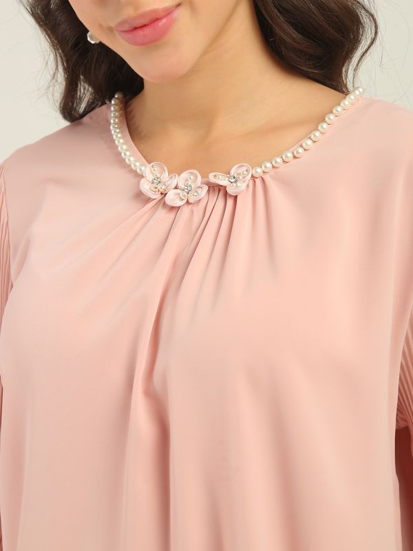 Globus Women Pink Round Neck Pearl & Embellished Detail Accordion Pleated Cuffed Sleeves Party Top