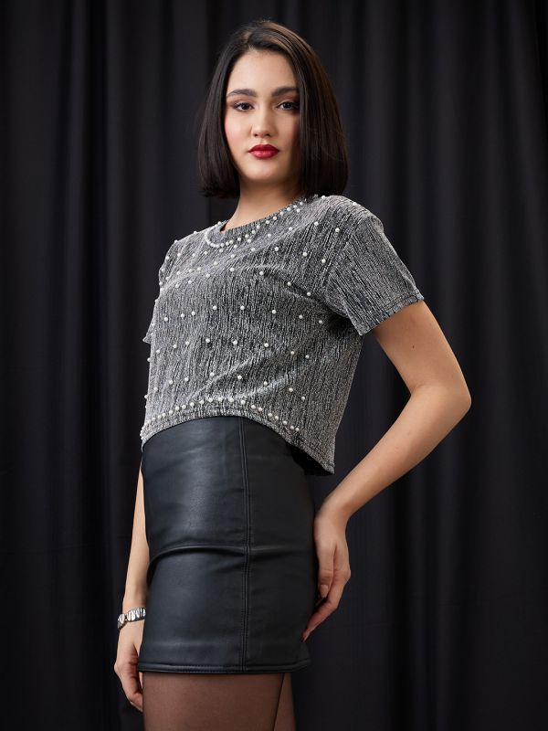 Globus Women Grey Round Neck Pearl Embellished Detail Lurex Party Crop Top