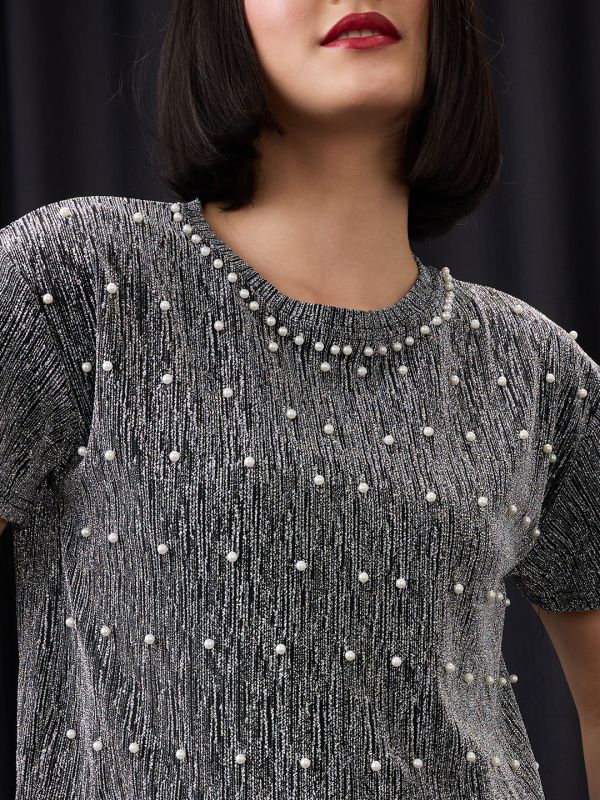 Globus Women Grey Round Neck Pearl Embellished Detail Lurex Party Crop Top