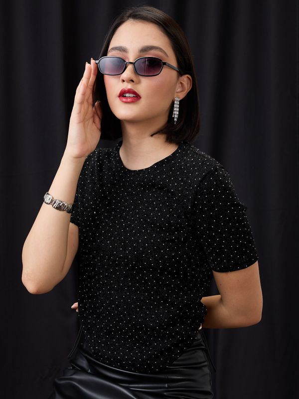 Globus Women Black Crew Neck Rhinestone Embellished Detail Waist Tie-Up Party Top