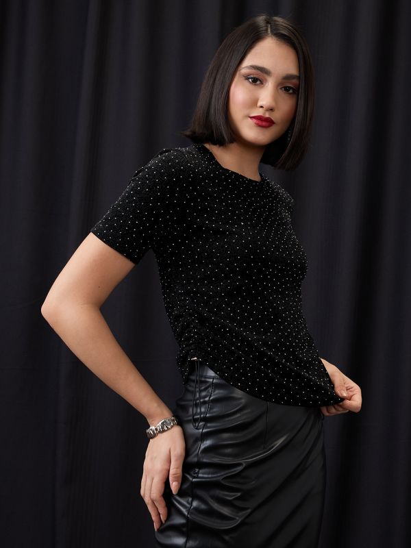 Globus Women Black Crew Neck Rhinestone Embellished Detail Waist Tie-Up Party Top