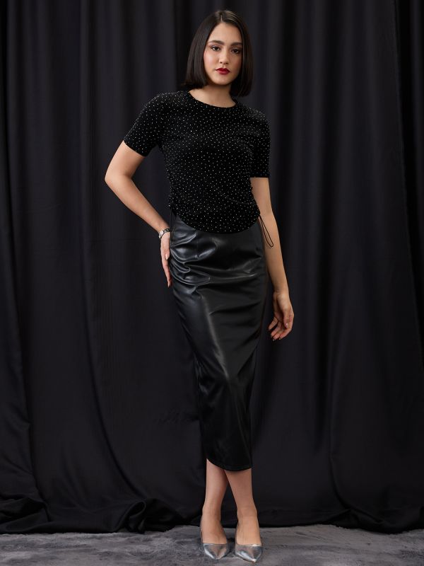 Globus Women Black Crew Neck Rhinestone Embellished Detail Waist Tie-Up Party Top