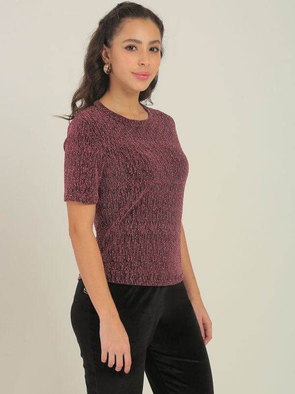 Globus Women Pink Self Design Round Neck Short Sleeves Embellished Detail Bling & Sparkly Party Top