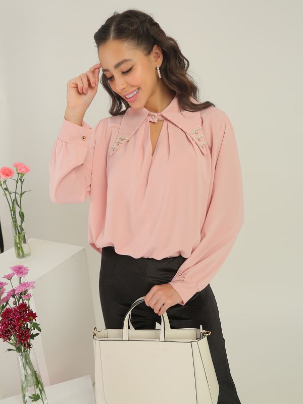 Globus Women Pink Collared Neck & Pearl & Embellished Detail Cuffed Sleeves Party Shirt Style Top
