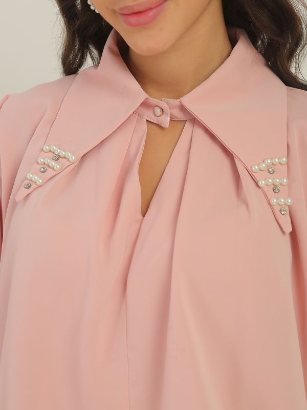 Globus Women Pink Collared Neck & Pearl & Embellished Detail Cuffed Sleeves Party Shirt Style Top