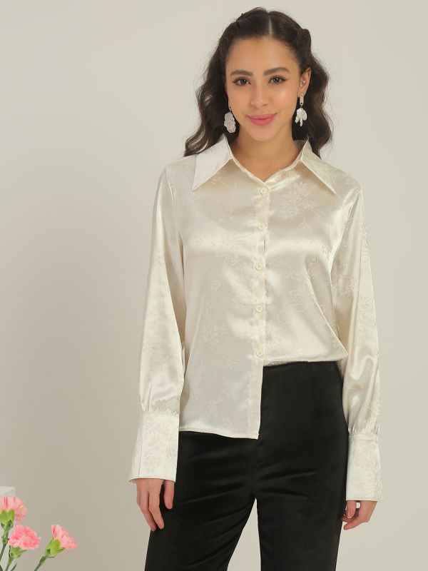 Globus Women Beige Floral Self Design Collared Neck Cuffed Sleeves Party Shirt