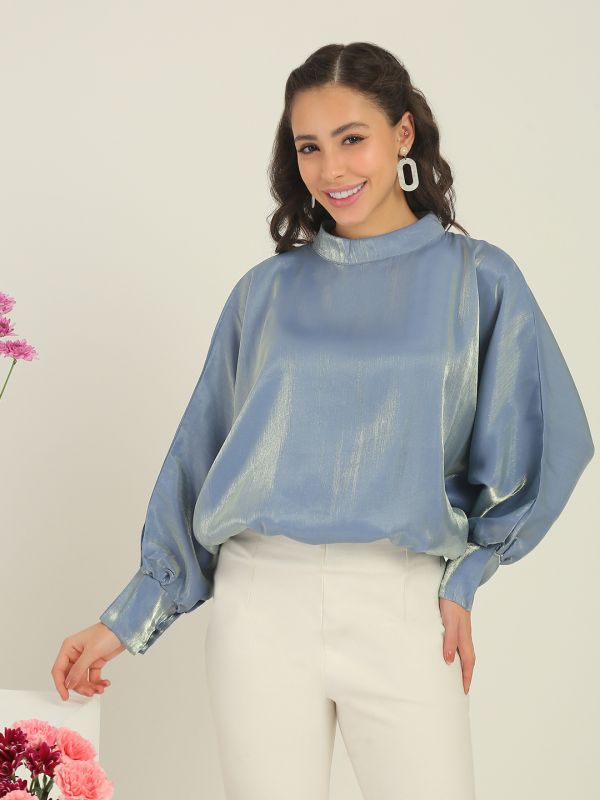 Globus Women Blue High Neck Batwing Cuffed Sleeves Shimmer Party Top