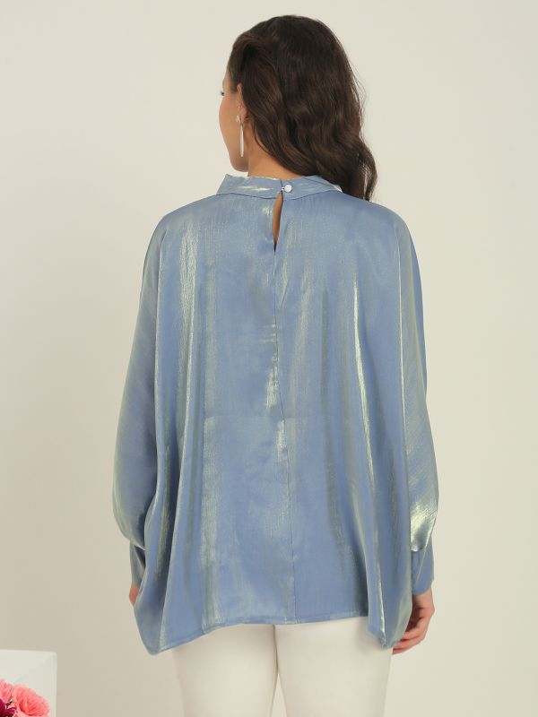 Globus Women Blue High Neck Batwing Cuffed Sleeves Shimmer Party Top
