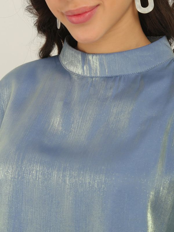 Globus Women Blue High Neck Batwing Cuffed Sleeves Shimmer Party Top