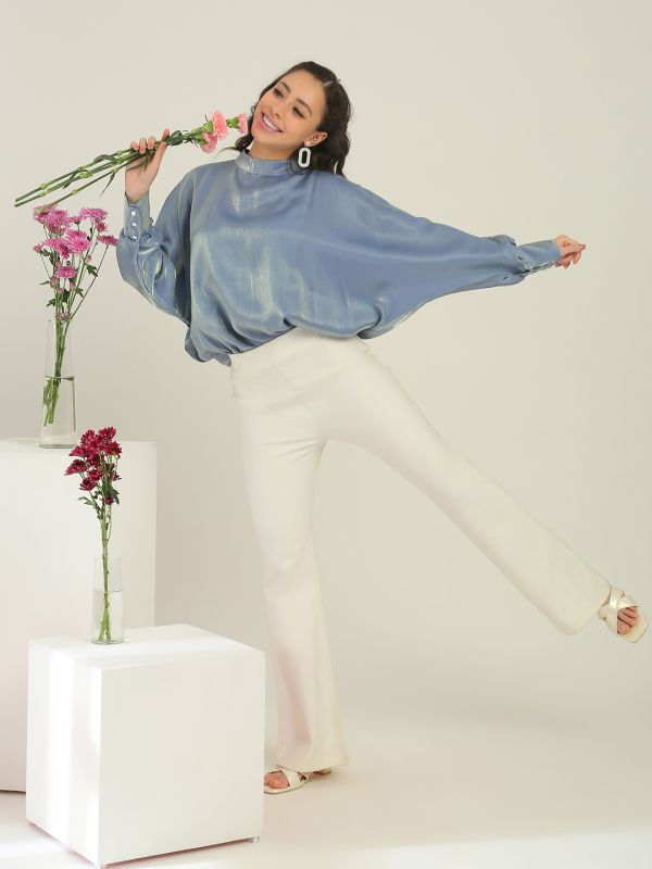Globus Women Blue High Neck Batwing Cuffed Sleeves Shimmer Party Top