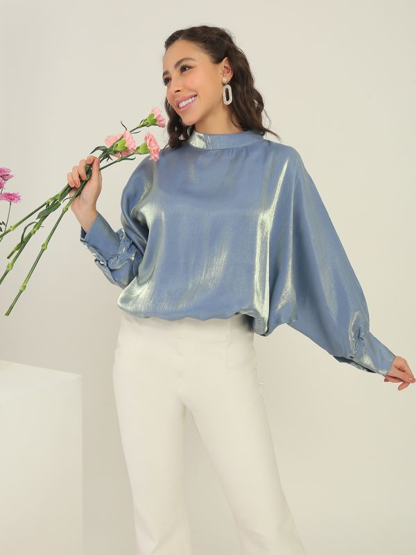 Globus Women Blue High Neck Batwing Cuffed Sleeves Shimmer Party Top