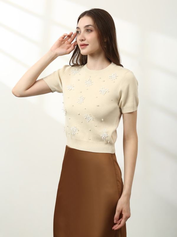 Globus Women Beige Round Neck Short Sleeves Embroidered & Pearl Embellished Party Top