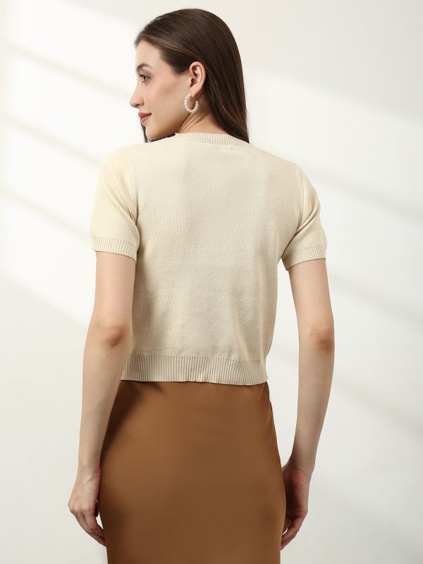 Globus Women Beige Round Neck Short Sleeves Embroidered & Pearl Embellished Party Top