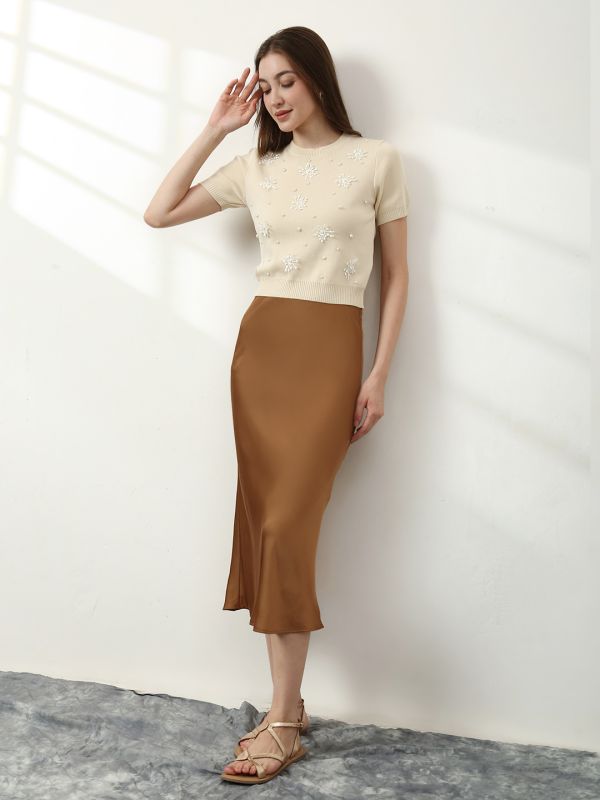 Globus Women Beige Round Neck Short Sleeves Embroidered & Pearl Embellished Party Top