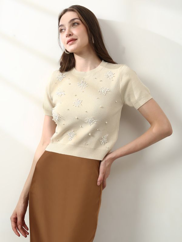 Globus Women Beige Round Neck Short Sleeves Embroidered & Pearl Embellished Party Top
