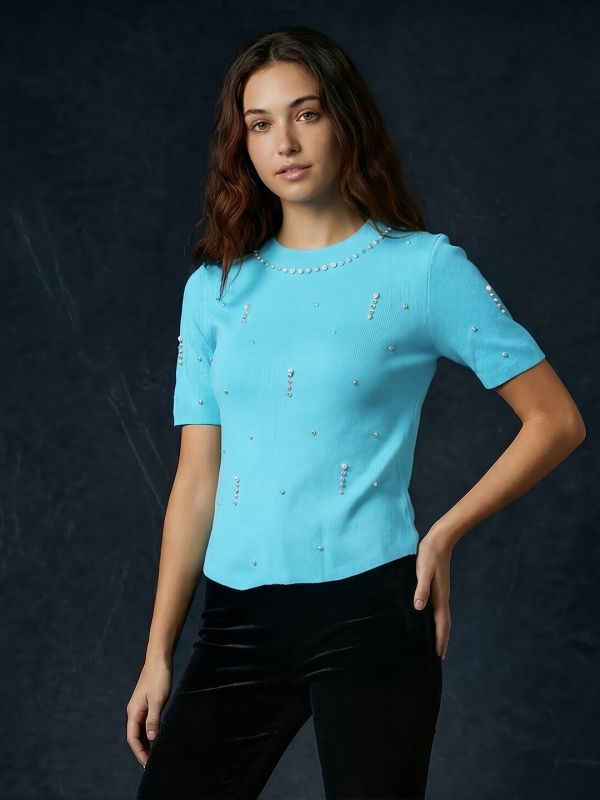 Globus Women Blue Round Neck Short Sleeves Pearl Embellished Party Top