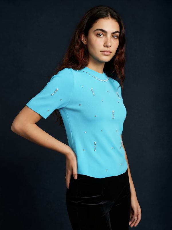 Globus Women Blue Round Neck Short Sleeves Pearl Embellished Party Top