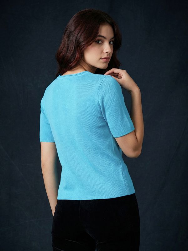 Globus Women Blue Round Neck Short Sleeves Pearl Embellished Party Top