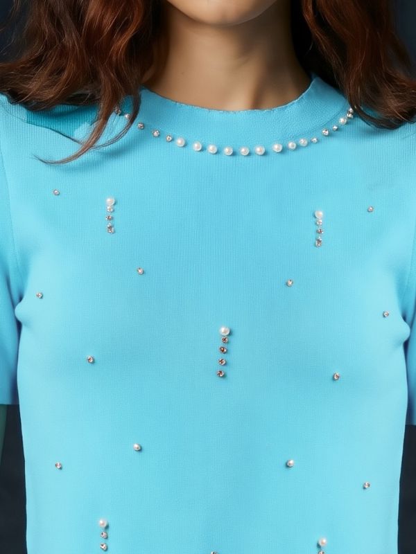 Globus Women Blue Round Neck Short Sleeves Pearl Embellished Party Top