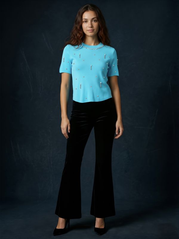 Globus Women Blue Round Neck Short Sleeves Pearl Embellished Party Top