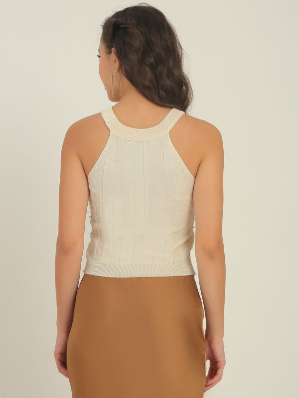 Globus Women Off White Halter Neck Pearl Embellished Detail Party Top