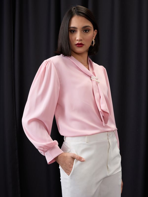 Globus Women Pink Tie-Up Neck Cuff Sleeves Workwear Top