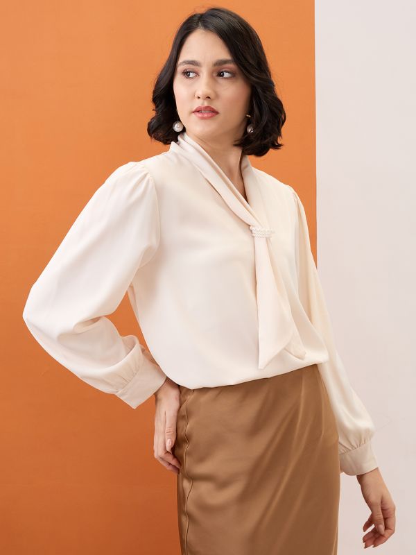 Globus Women Beige Tie-Up Neck Cuff Sleeves Workwear Top