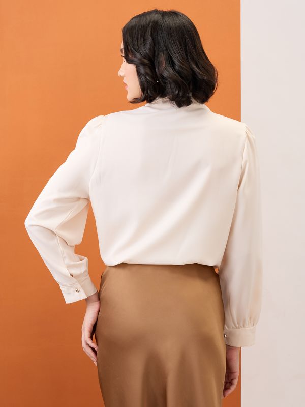 Globus Women Beige Tie-Up Neck Cuff Sleeves Workwear Top