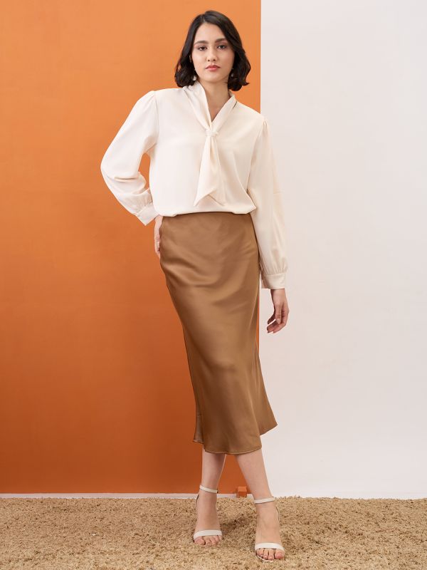Globus Women Beige Tie-Up Neck Cuff Sleeves Workwear Top