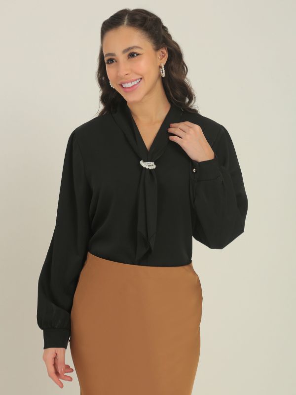 Globus Women Black Cuffed Sleeves Tie-Up Neck Pearl Detail Workwear Top