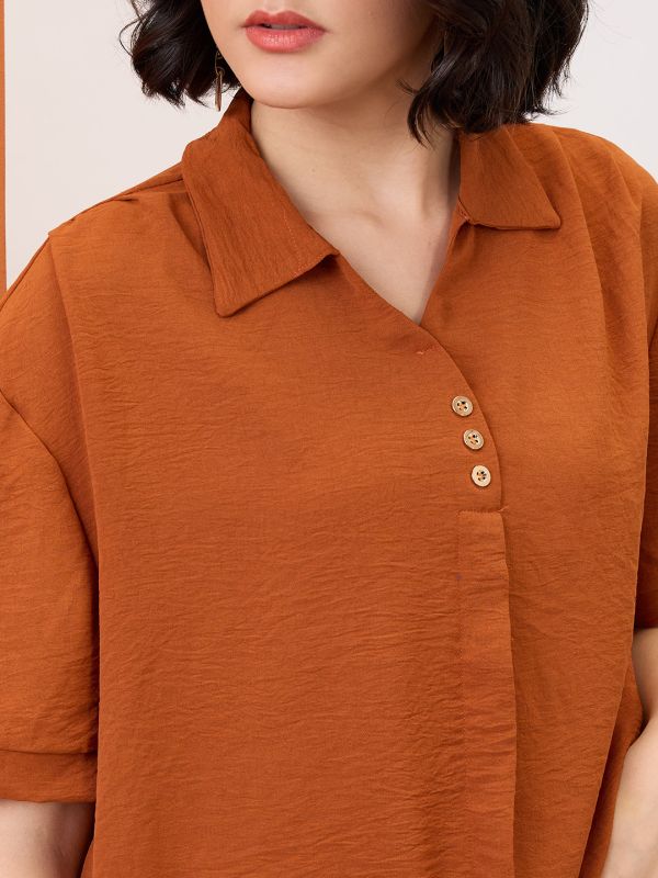 Globus Women Brown Collared Neck Drop-Shoulder Sleeves Shirt Style Workwear Top