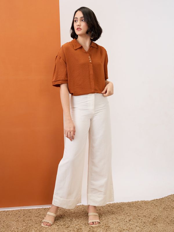 Globus Women Brown Collared Neck Drop-Shoulder Sleeves Shirt Style Workwear Top