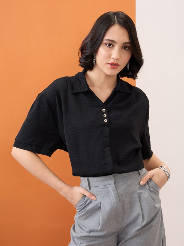 Globus Women Black Collared Neck Drop-Shoulder Sleeves Shirt Style Workwear Top