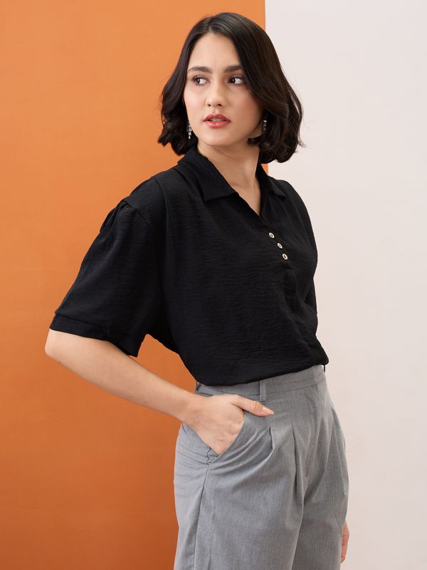 Globus Women Black Collared Neck Drop-Shoulder Sleeves Shirt Style Workwear Top