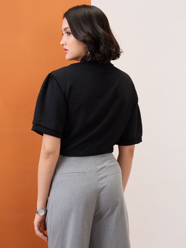 Globus Women Black Collared Neck Drop-Shoulder Sleeves Shirt Style Workwear Top