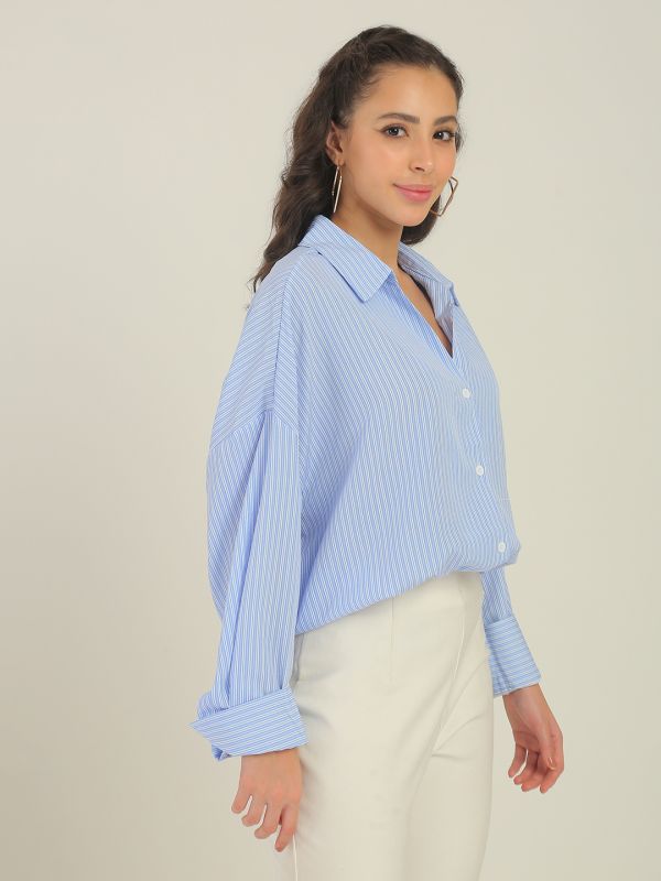Globus Women Blue Striped Collared Neck Cuffed Sleeves Curved Hem Workwear Shirt