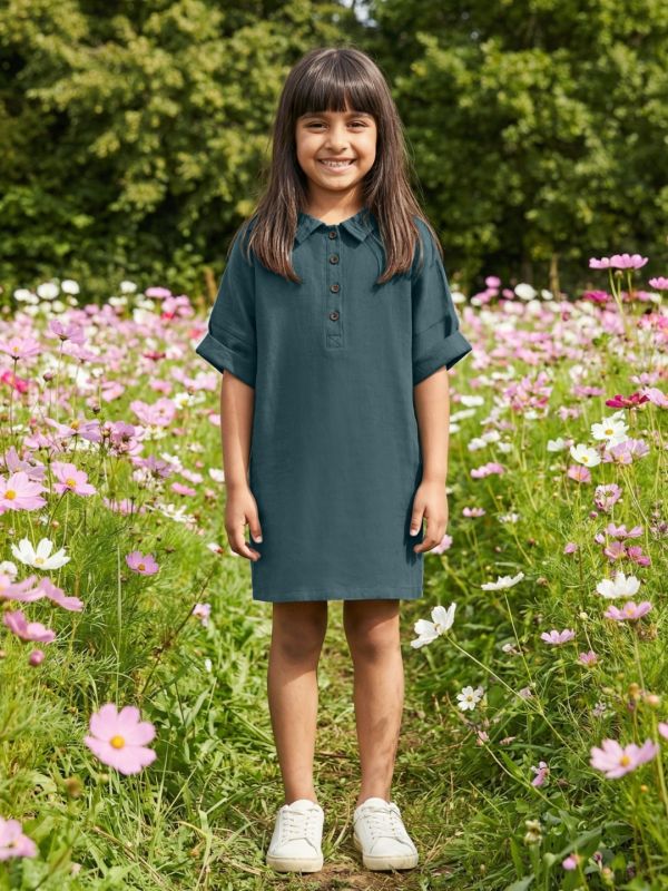 Globus Girls Green Collared Neck Short Sleeves A-Line Straight Hem Mini Dress
