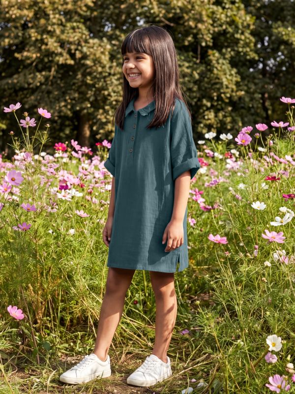 Globus Girls Green Collared Neck Short Sleeves A-Line Straight Hem Mini Dress