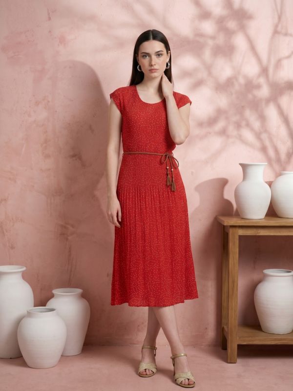 Globus Women Red Round Neck Extended Sleeves Polka Dots Accordion Pleats A-Line Midi Dress With Dori