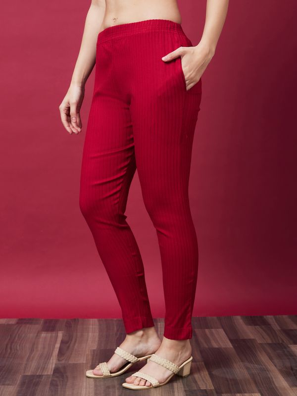 Globus Women Maroon Striped Ethnic Cigarette Trouser