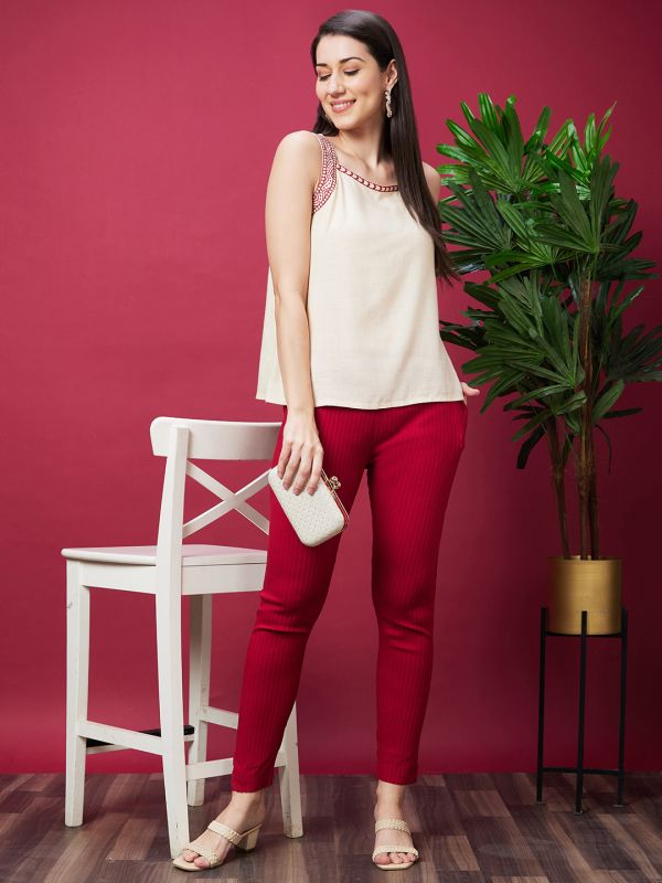 Globus Women Maroon Striped Ethnic Cigarette Trouser